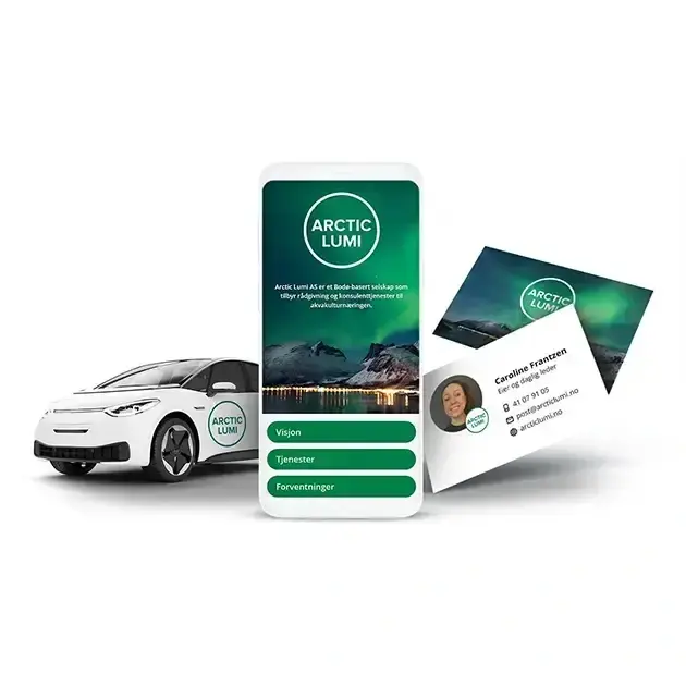 Illustrasjon av en hvit bil, en mobiltelefon som viser en nettside og et visittkort.